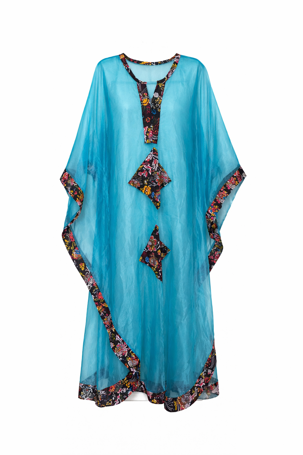 Turquoise kaftan with floral patterns on a white background