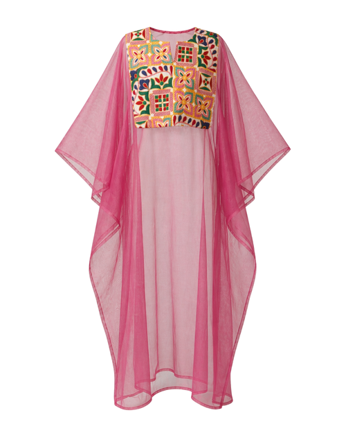 Pink sheer kaftan with colorful embroidered top on a white background