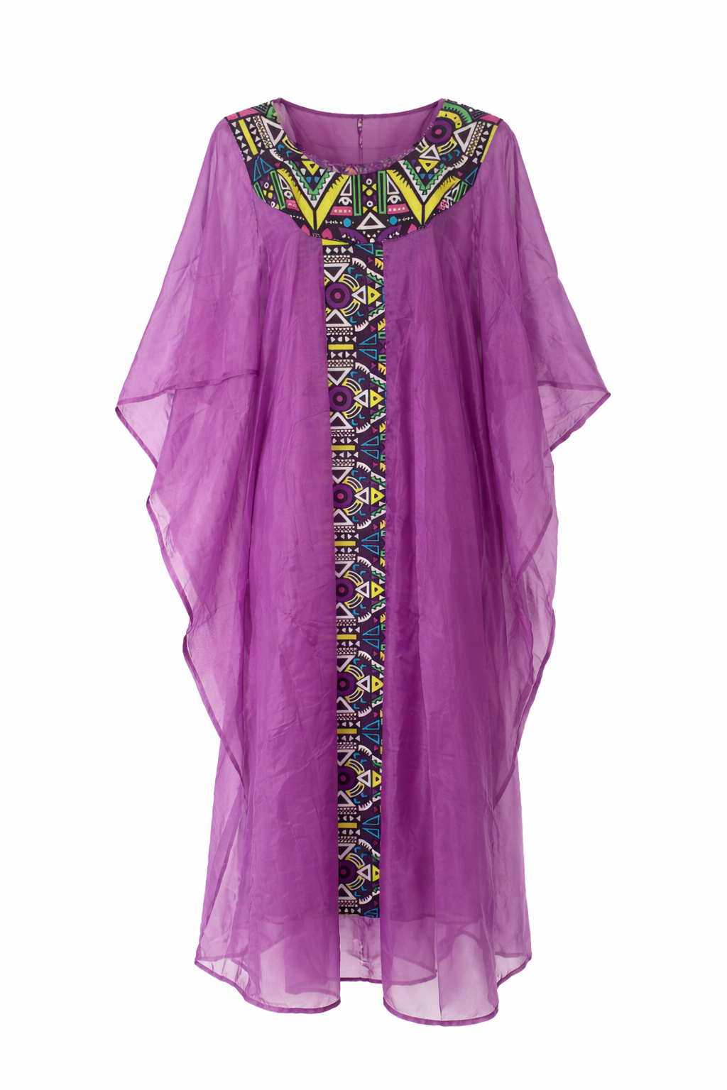Purple dress with colorful embroidery on a white background