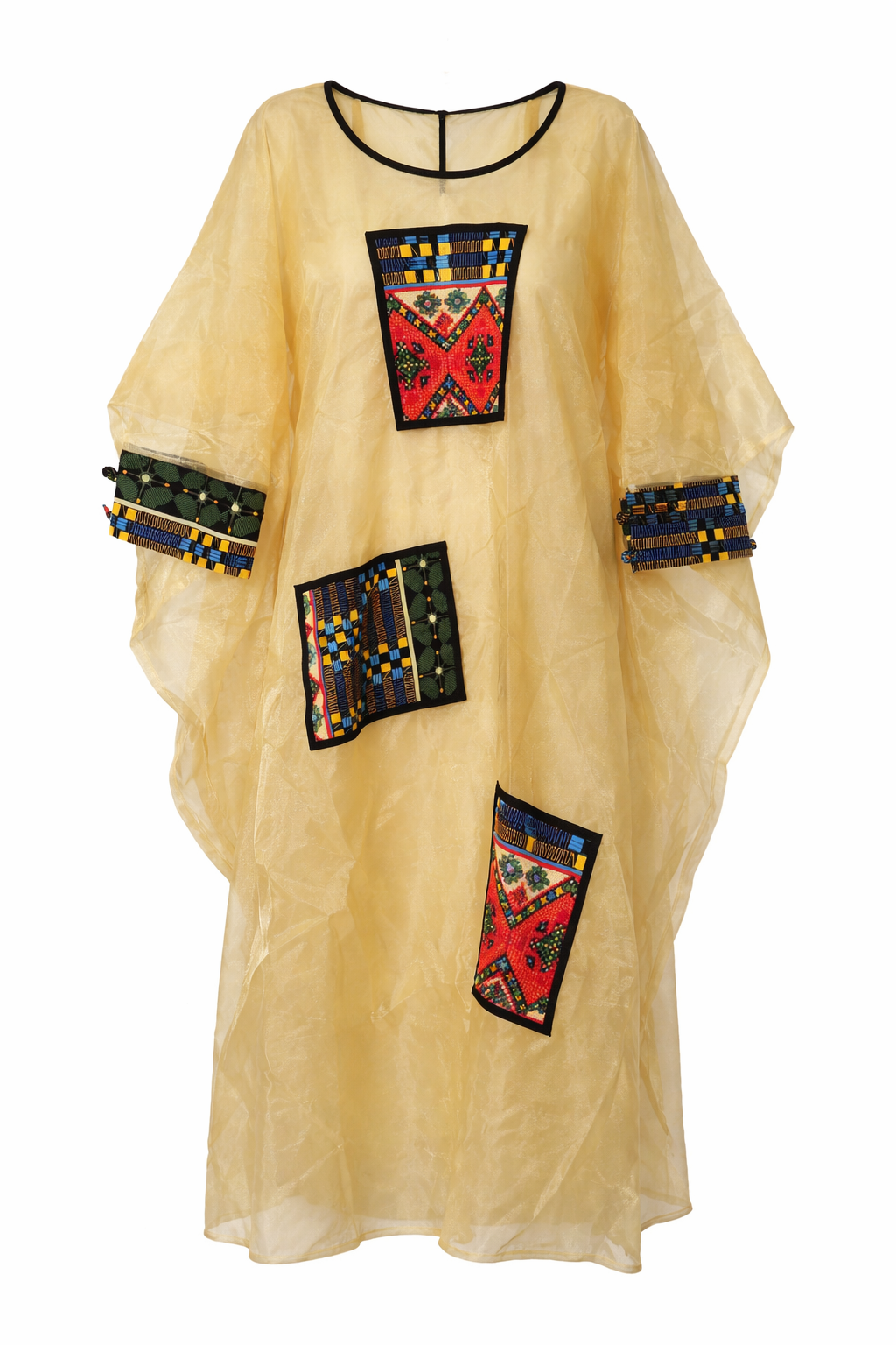 Beige kaftan with colorful geometric patterns on a white background