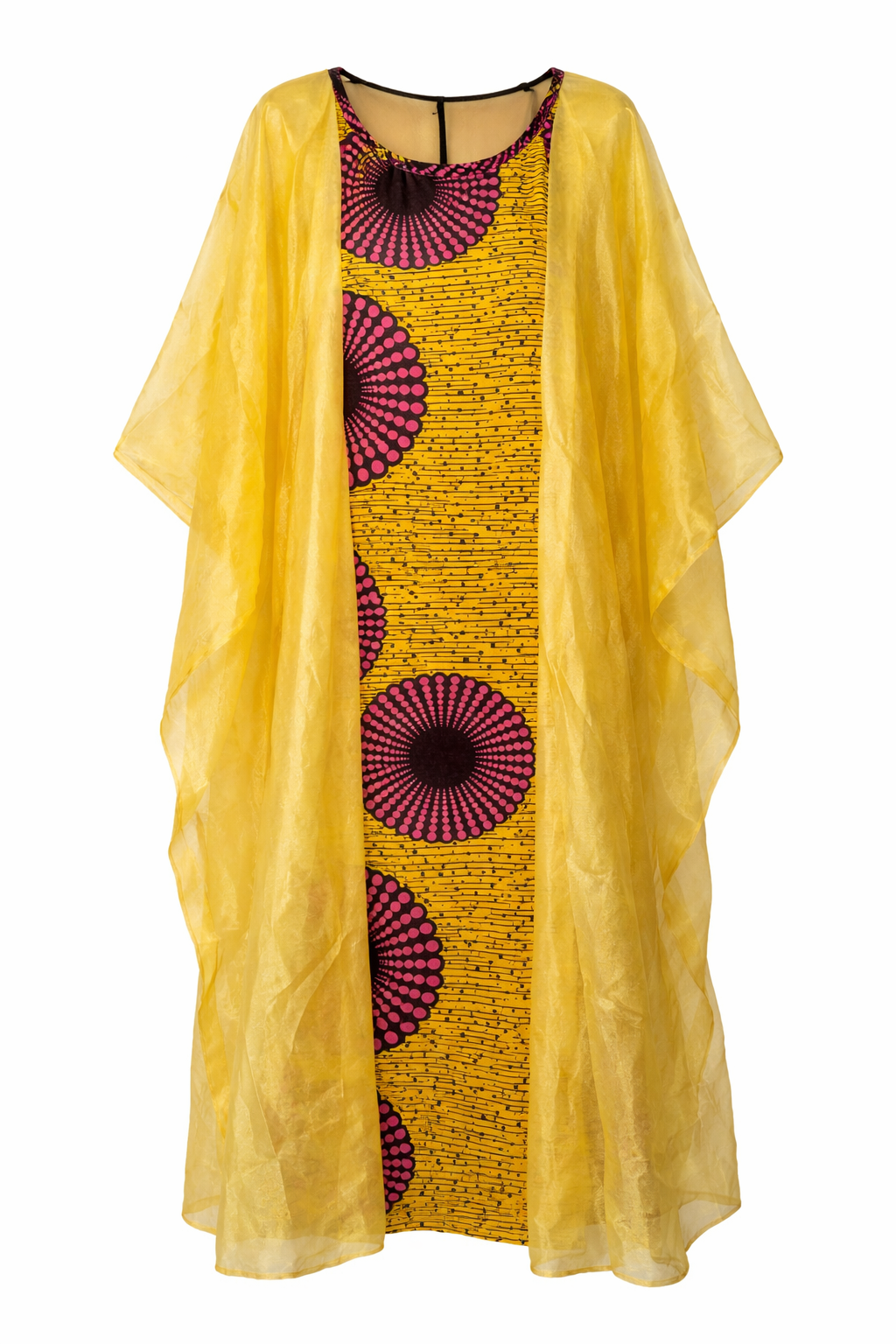Yellow kaftan
 with pink circular patterns and a sheer overlay on a white background
