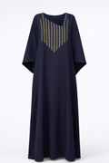 Navy blue kaftan with gold embroidery on a white background