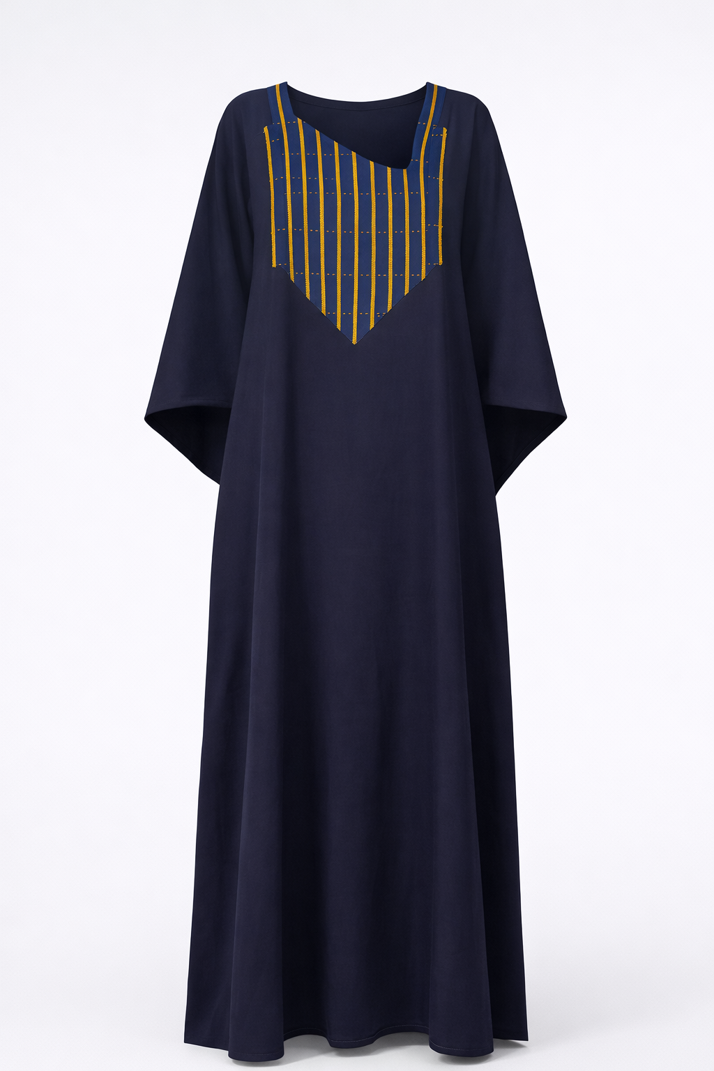 Navy blue kaftan with gold embroidery on a white background