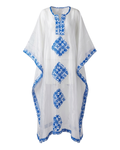 White kaftan with blue geometric patterns on a white background