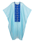 Light blue kaftan with a blue patterned front on a white background