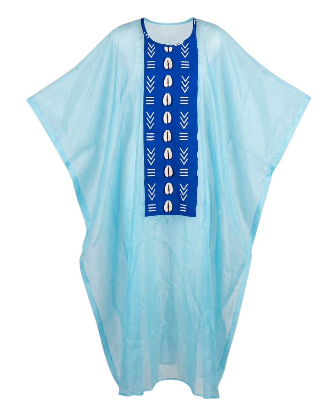 Light blue kaftan with a blue patterned front on a white background