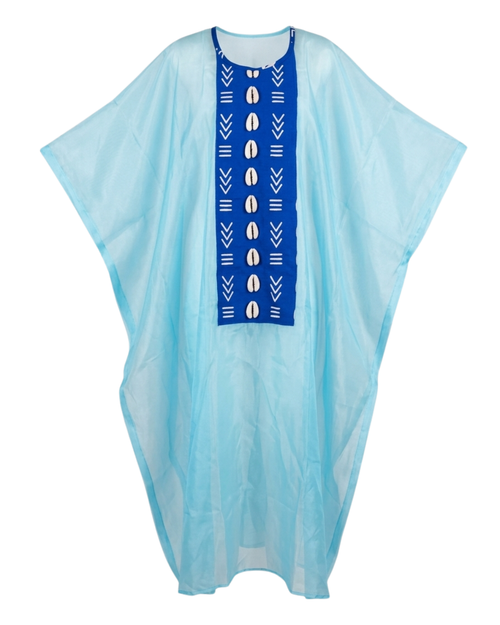 Light blue kaftan with a blue patterned front on a white background