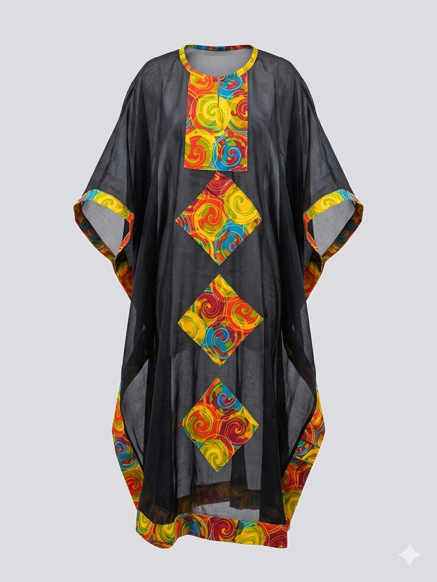 Black kaftan with colorful geometric patterns on a light gray background