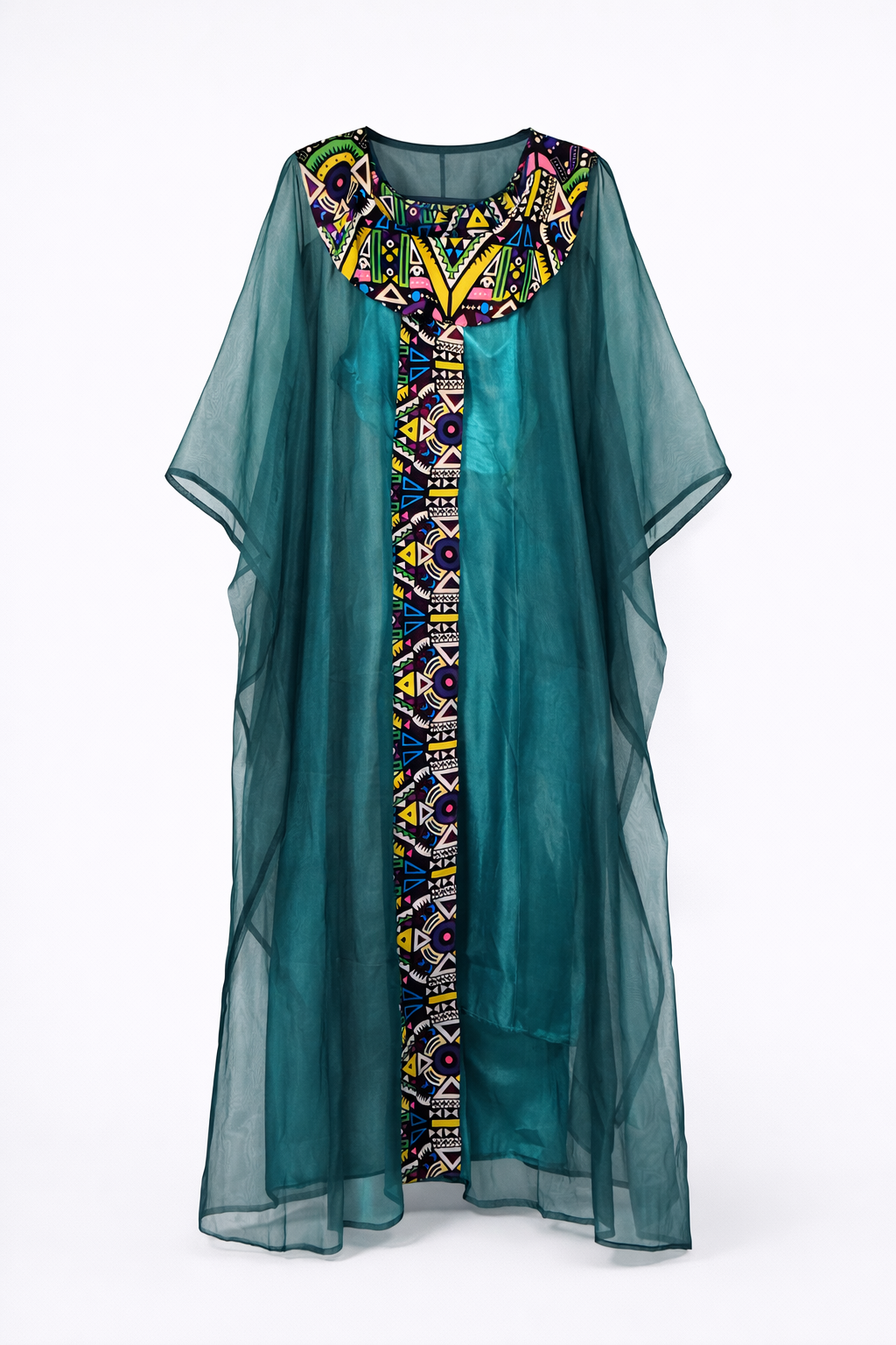 Teal kaftan with colorful geometric pattern on a white background