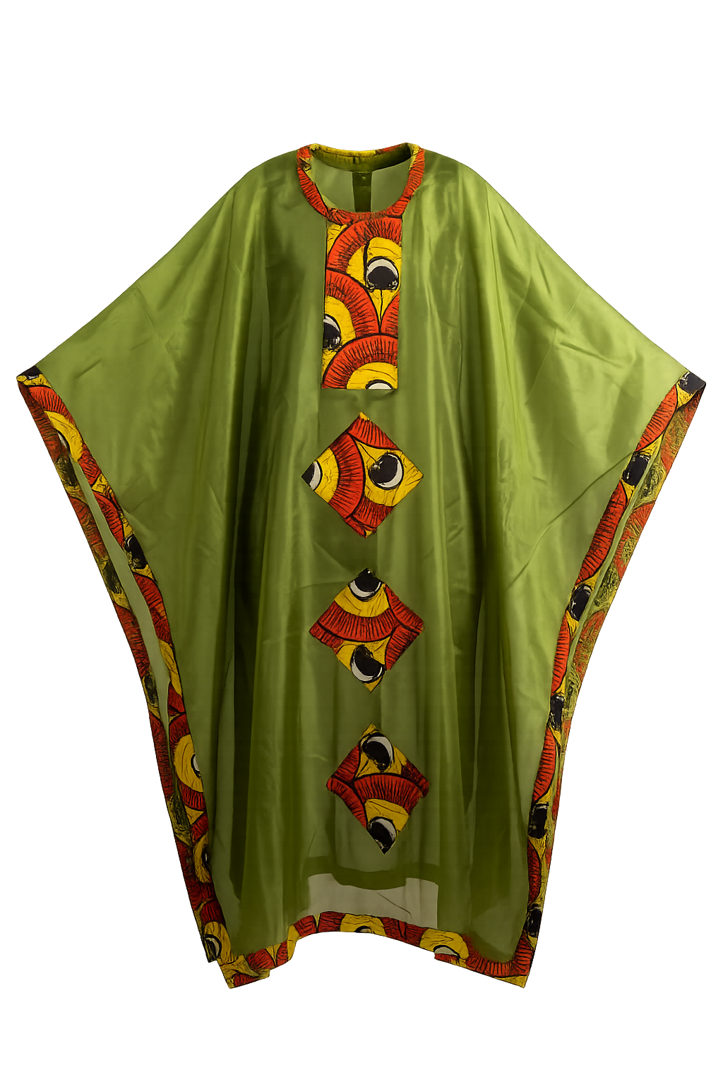 Green garment with colorful geometric patterns on a white background
