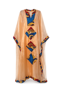Beige kaftan with colorful geometric patterns on a white background