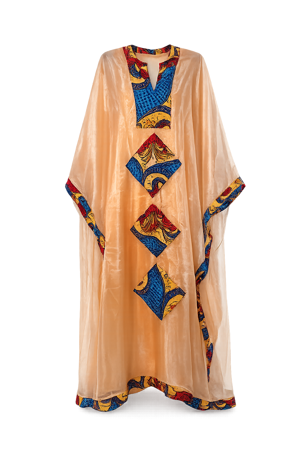 Beige kaftan with colorful geometric patterns on a white background