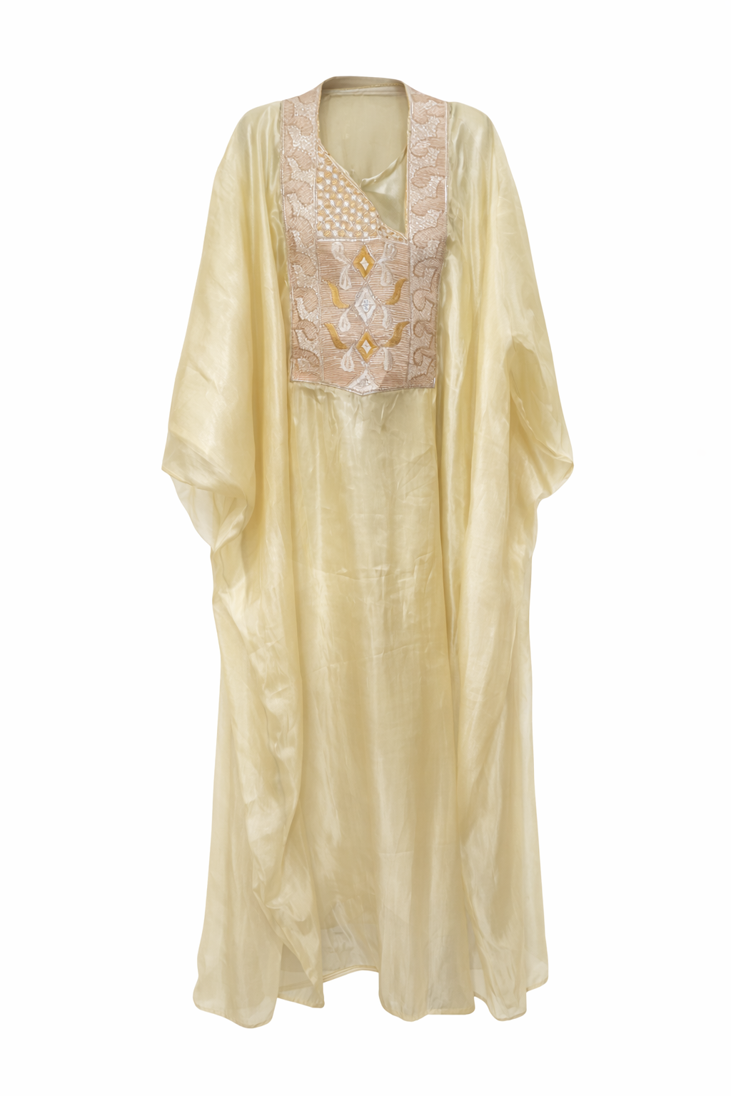 Beige kaftan with floral embroidery on a white background