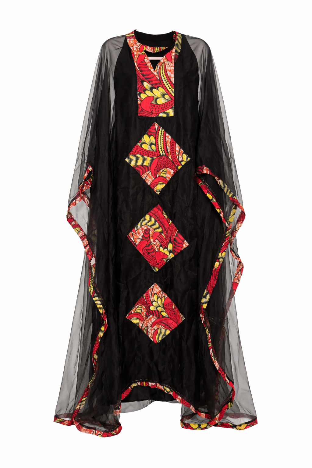Black kaftan with red and yellow geometric patterns on a white background
