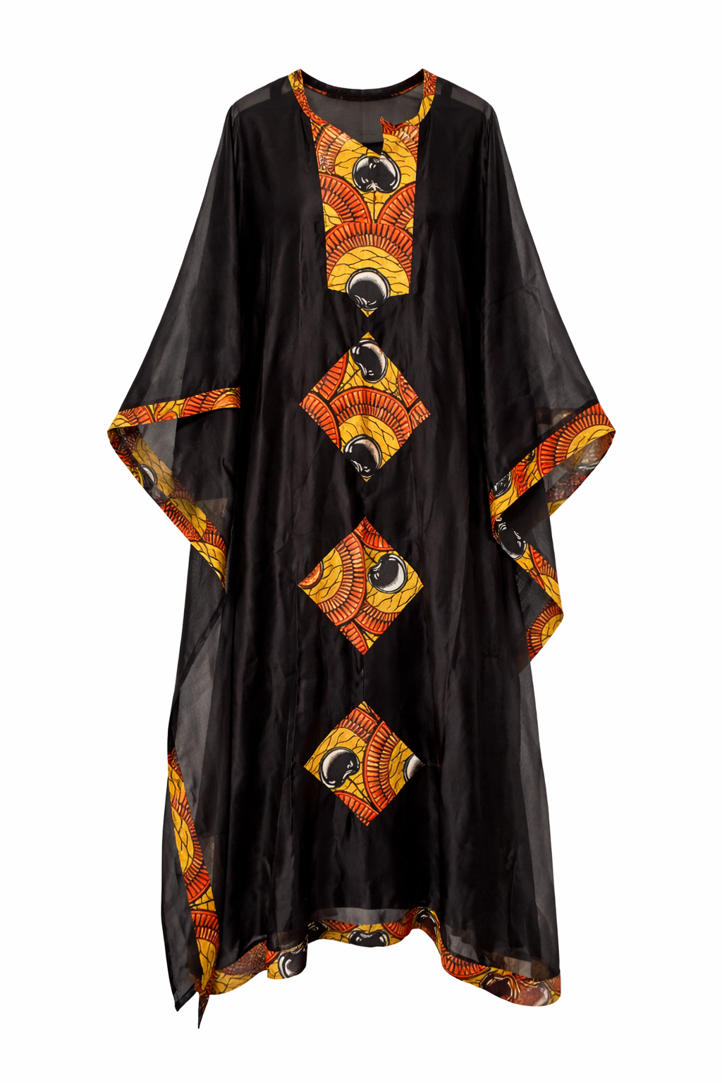 Black kaftan with colorful geometric patterns on a white background