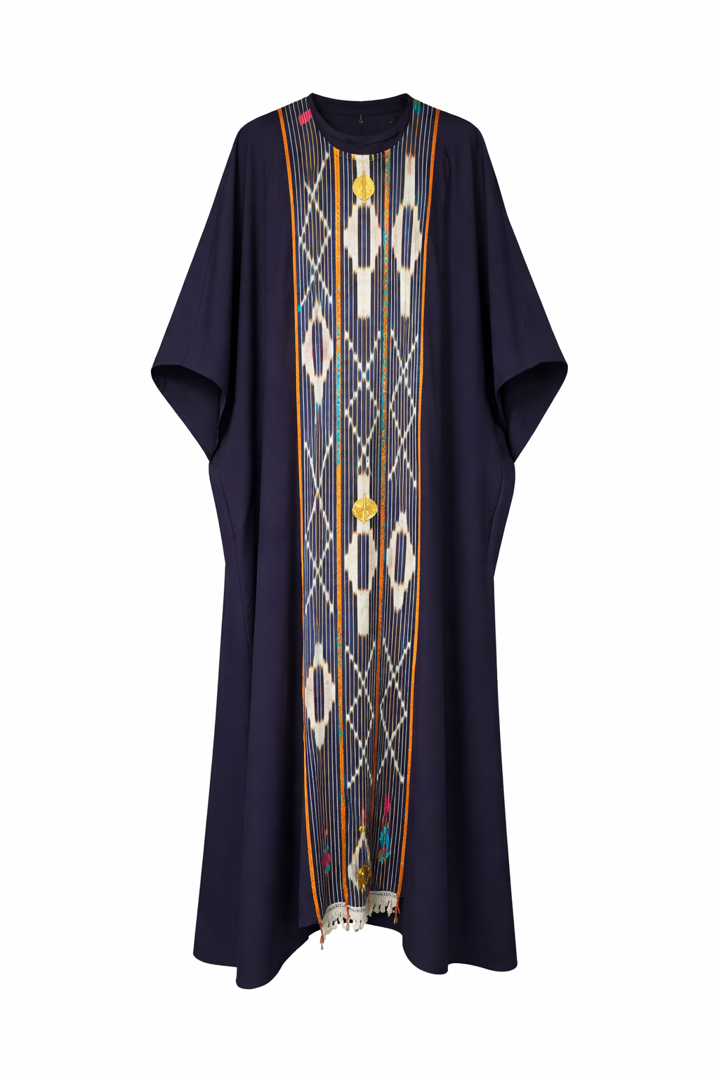 Navy blue garment with geometric pattern on a white background