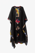 Black kaftan with colorful geometric patterns on a white background