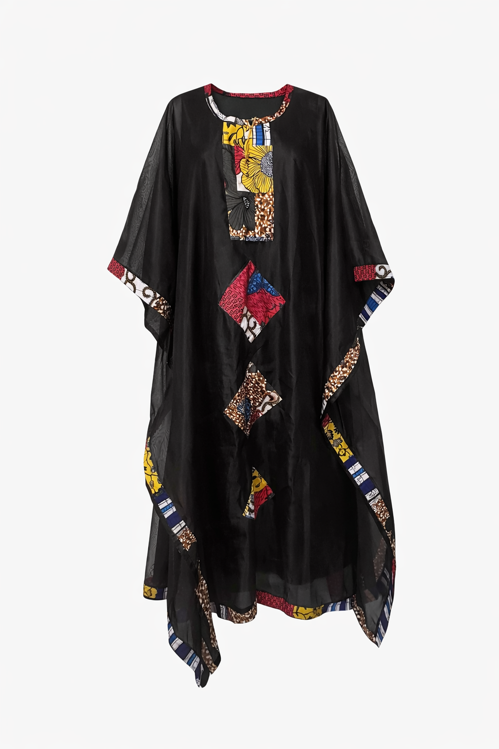 Black kaftan with colorful geometric patterns on a white background