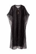 Black sheer Kaftan with gold buttons on a white background