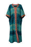 Teal and orange patterned dress on a white background
