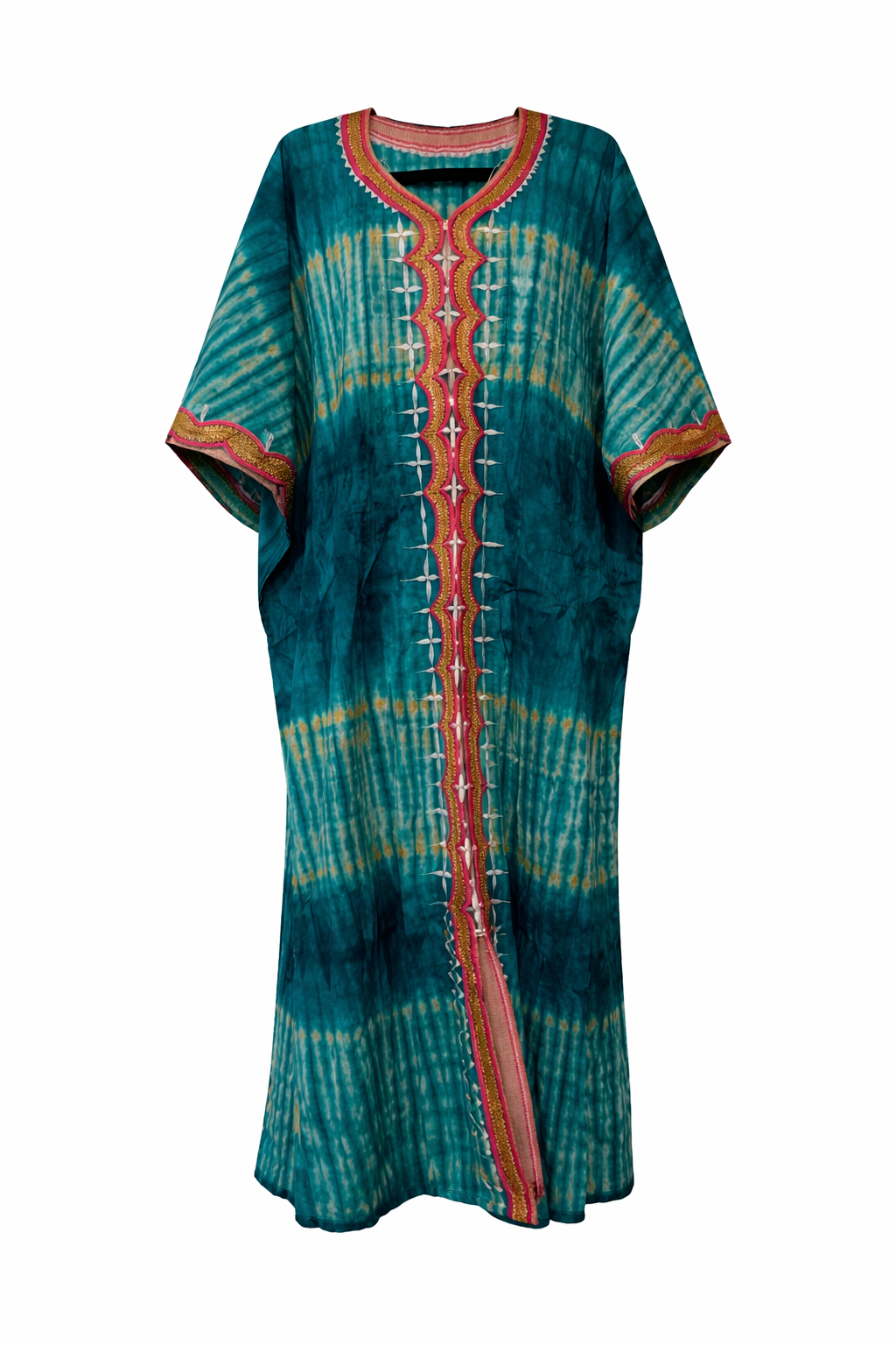 Teal and orange patterned dress on a white background