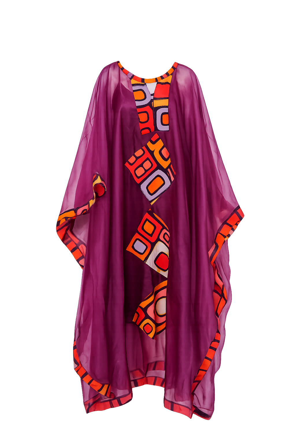 Purple kaftan with orange and red geometric pattern on a white background