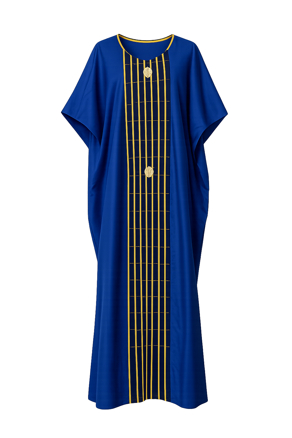 Blue kaftan with gold embroidery on a white background