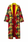 Red coat with black and yellow circular pattern on a white background