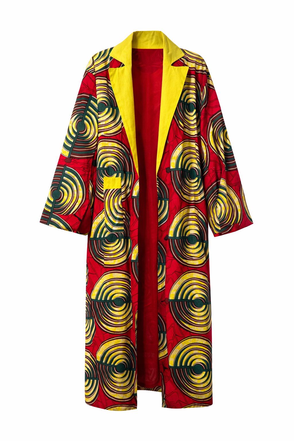 Red coat with black and yellow circular pattern on a white background