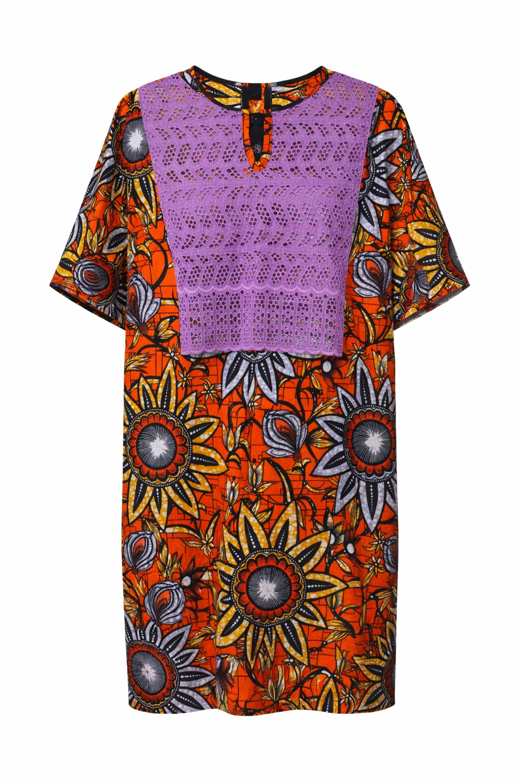 Colorful patterned dress with a purple top on a white background