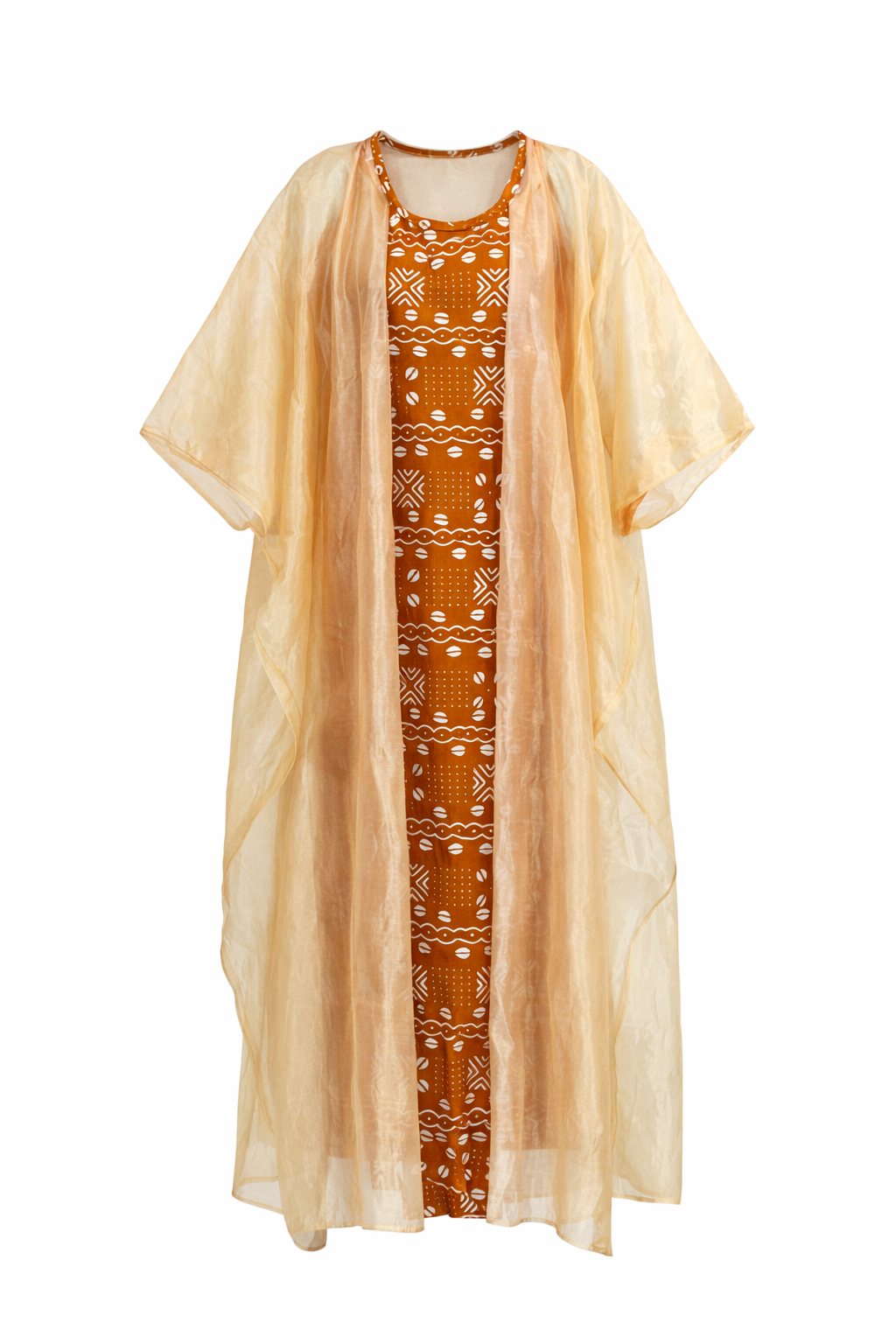 Beige kaftan with a patterned orange dress underneath on a white background