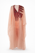Pink kaftan with red embroidery on a white background