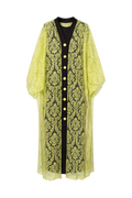 Yellow lace kaftan with black buttons on a white background