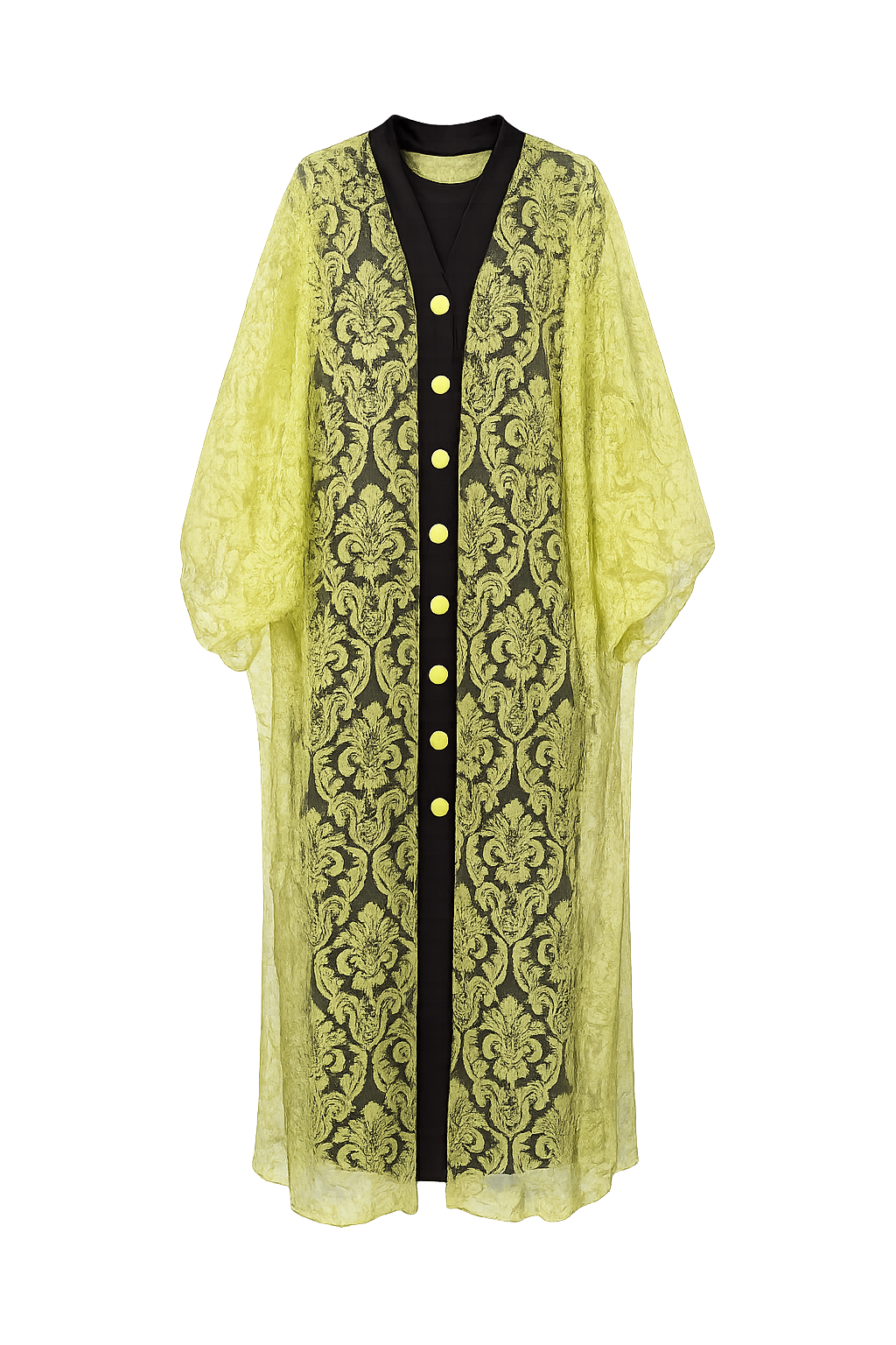 Yellow lace kaftan with black buttons on a white background